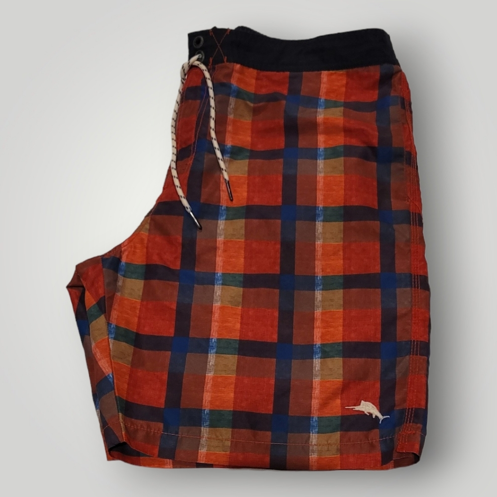 Tommy Bahama Relax Swim Trunks Mens Size L Orange Blue Plaid  Mesh Lined Beach